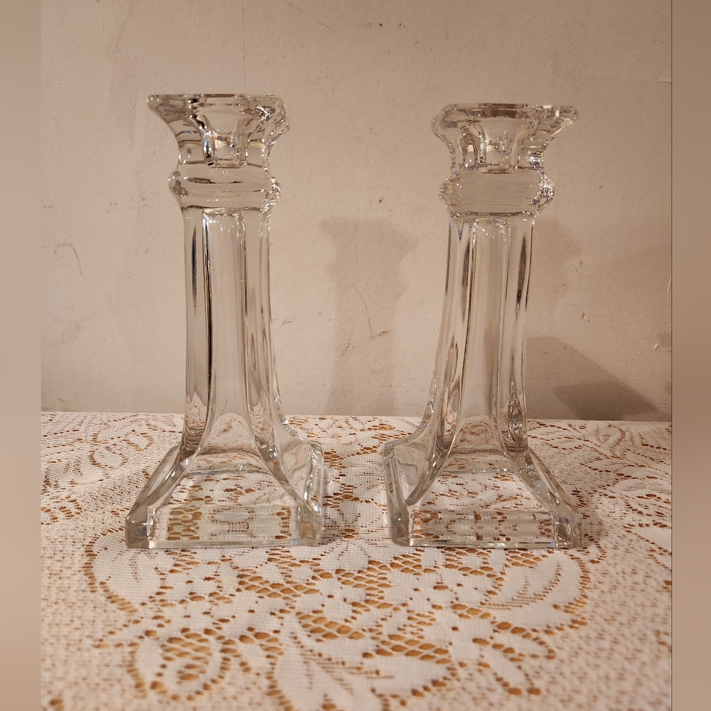 Pair Glass Candle Holders Art Stands Classic Columnar Taper Light